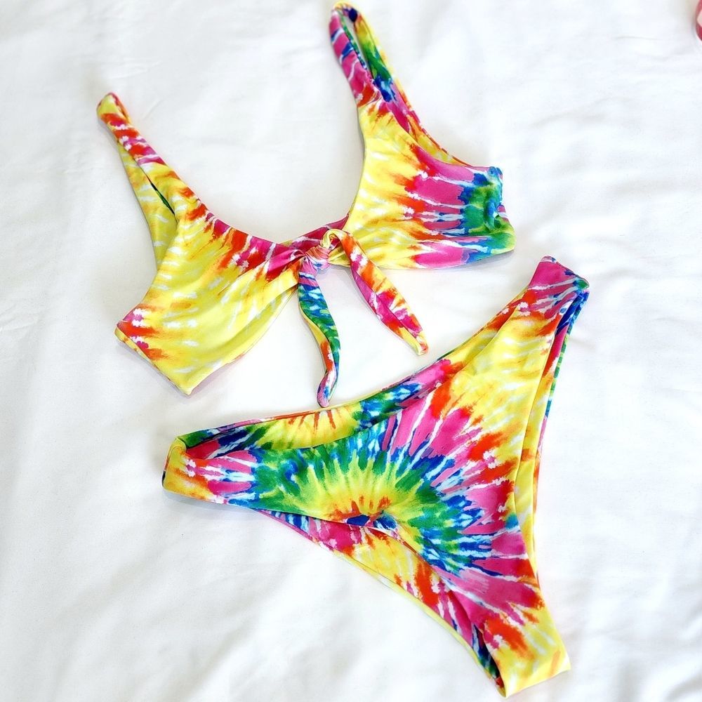 SHEIN Tie-Dye Rainbow Bikini Set - Yellow, Pink, Blue, Green